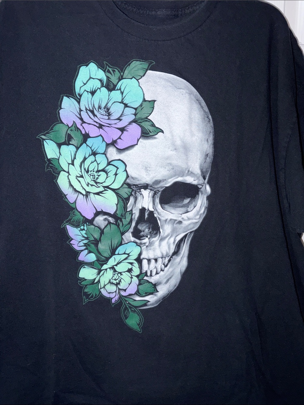 Skull & Floral Graphic Tee - Black with Mint & Lavender Flowers